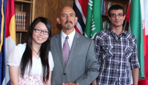 In the 2012 launch of StudyColorado, the University of Colorado Denver was represented by two outstanding international students, Siyuan (Kelly) Rao, shown on the far left, and Saif Al Juboori, shown on the far right. In the center is Colorado Lt. Gov. Joe Garcia.